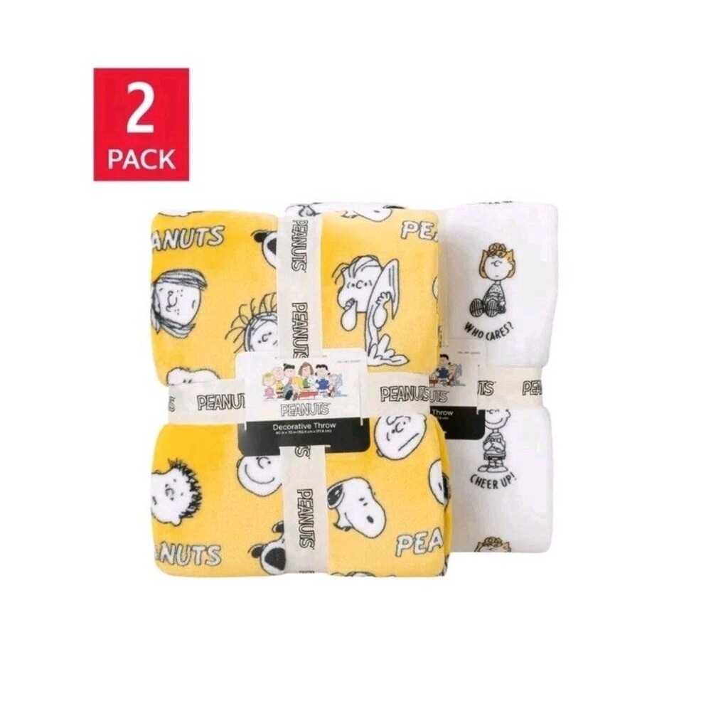 Peanuts Throw Yellow White Snoopy 2-Pack Printed VelvetLoft Plush - Yellow - New